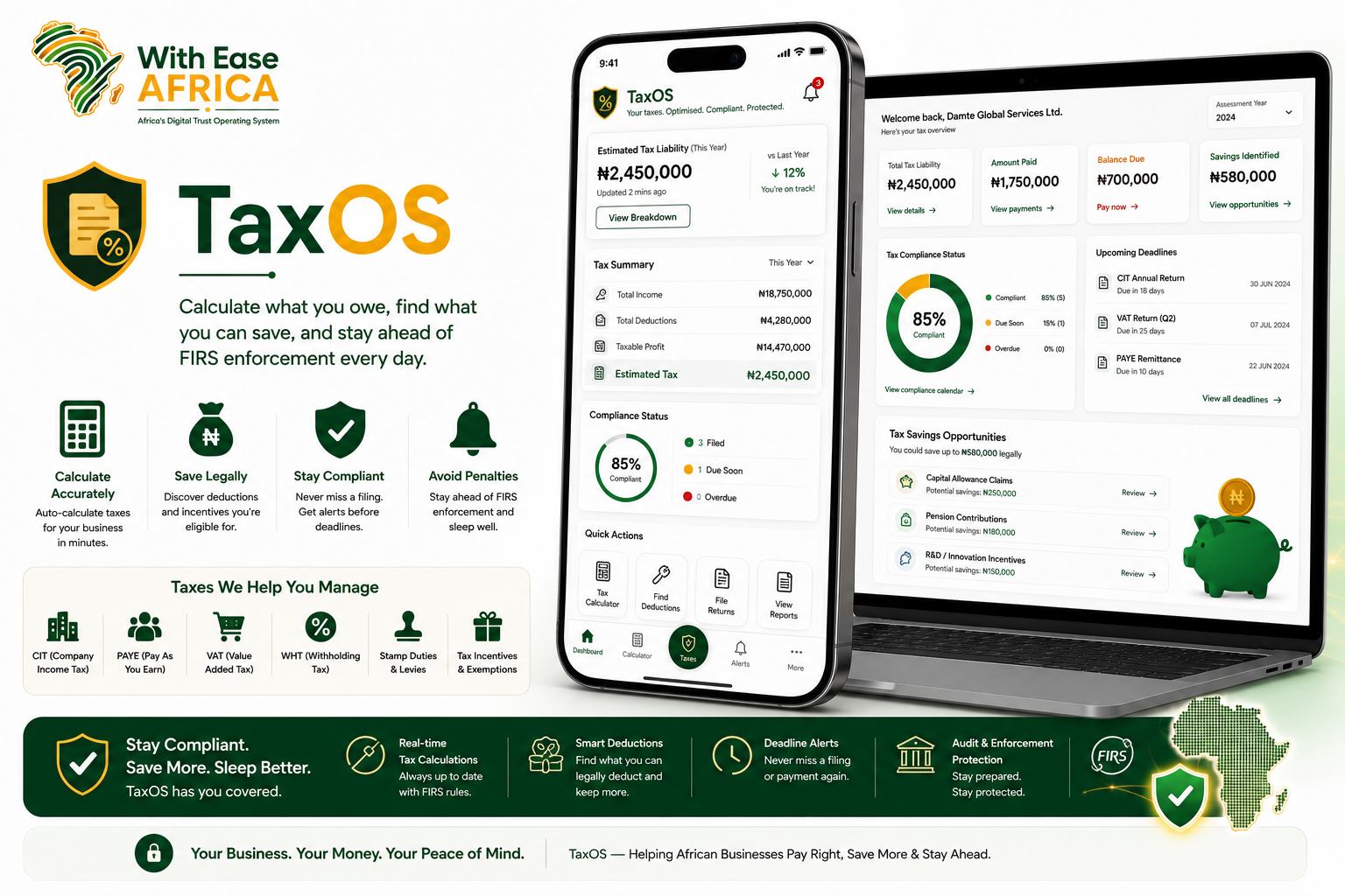 TaxOS module — Nigerian tax calculators and FIRS deadline tracking